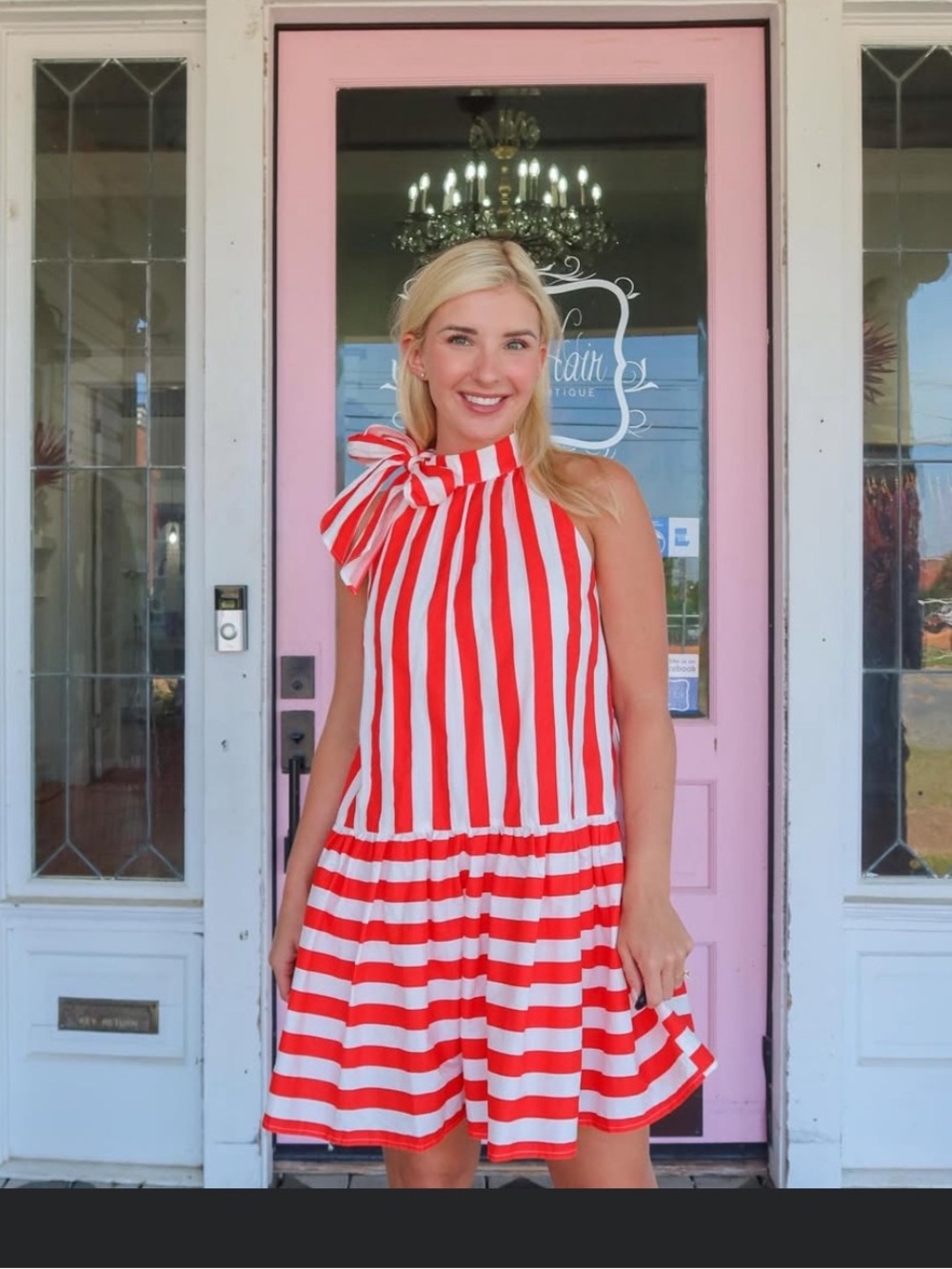 Red & White Stripe Bow-Shoulder  Dress Sz Medium NWOT